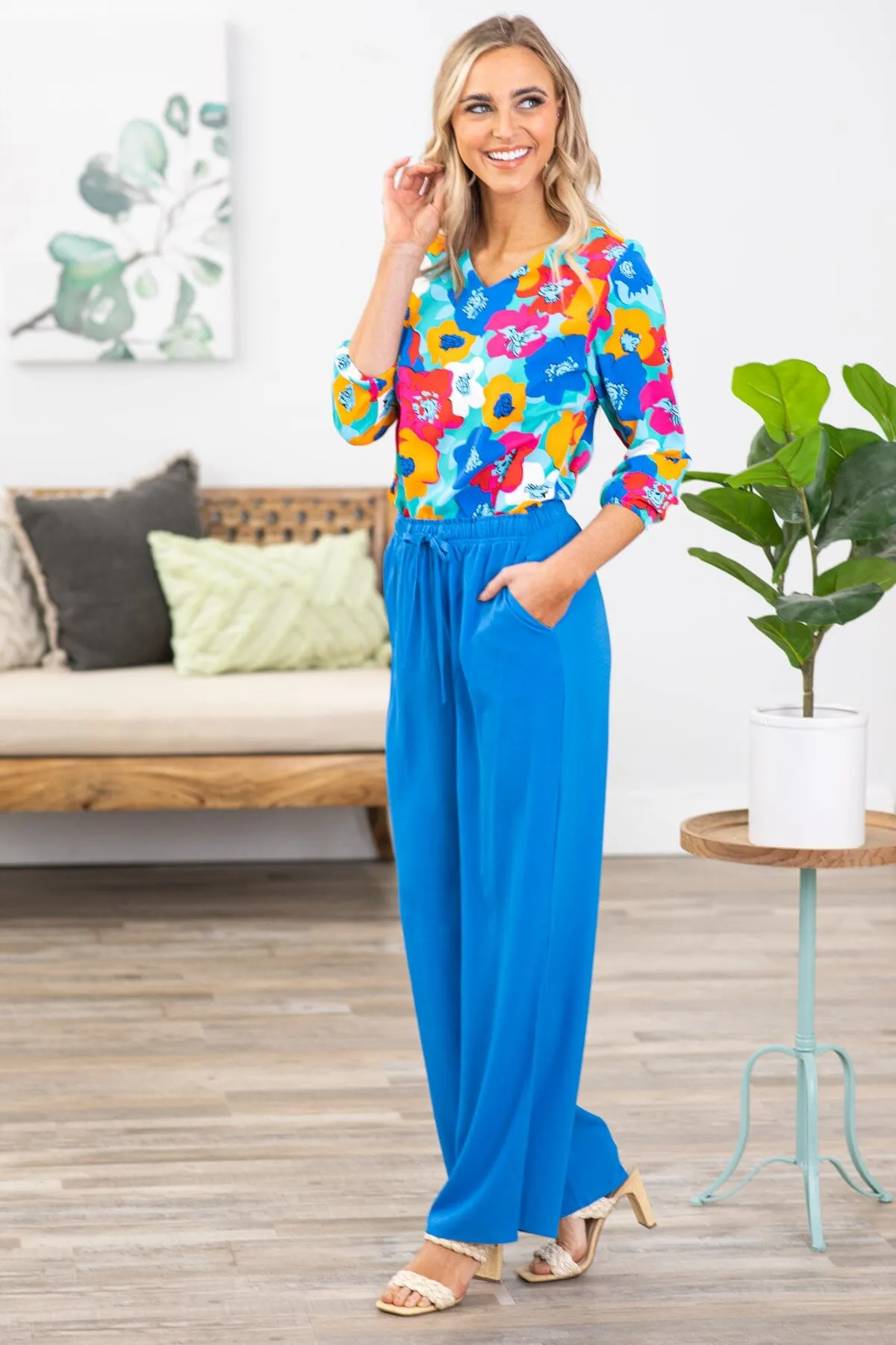 Royal Blue Elastic Waist Wide Leg Pants