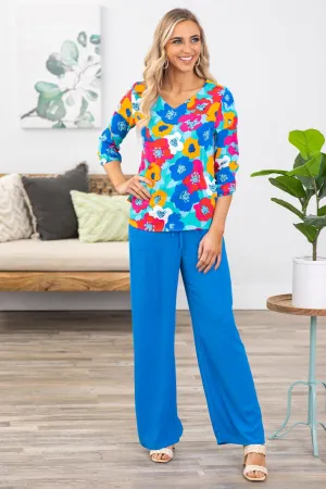 Royal Blue Elastic Waist Wide Leg Pants