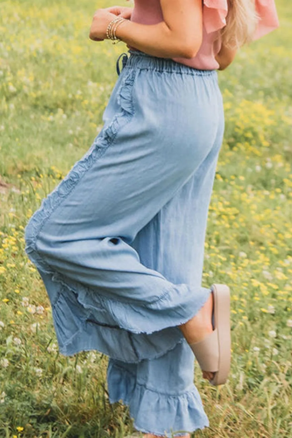 Ruffled Wide Leg Denim Jeans