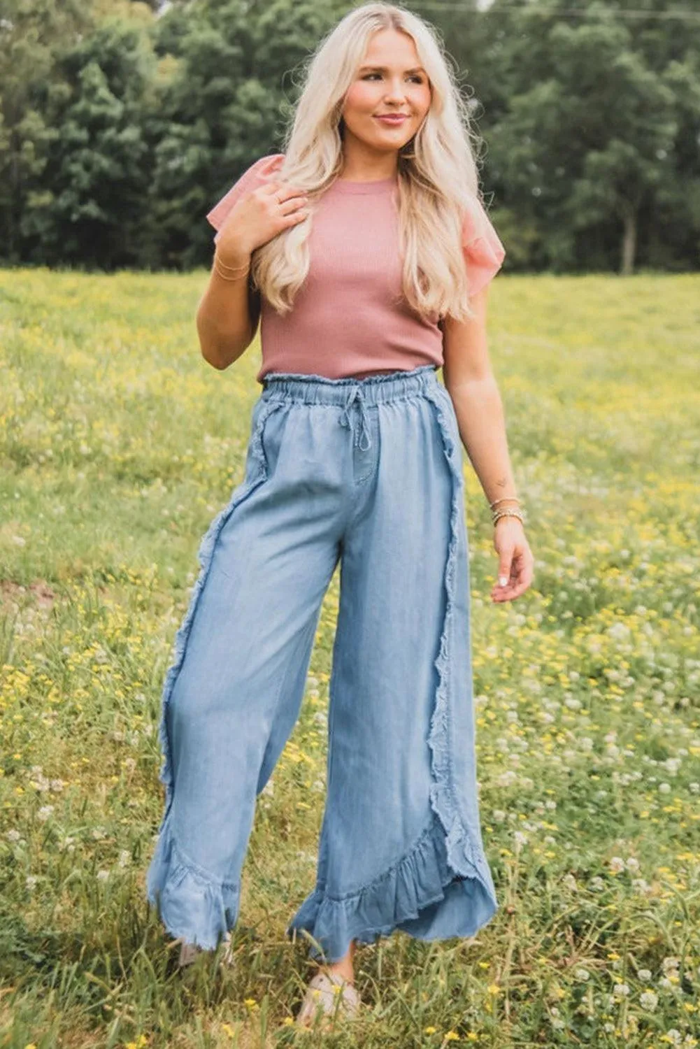 Ruffled Wide Leg Denim Jeans