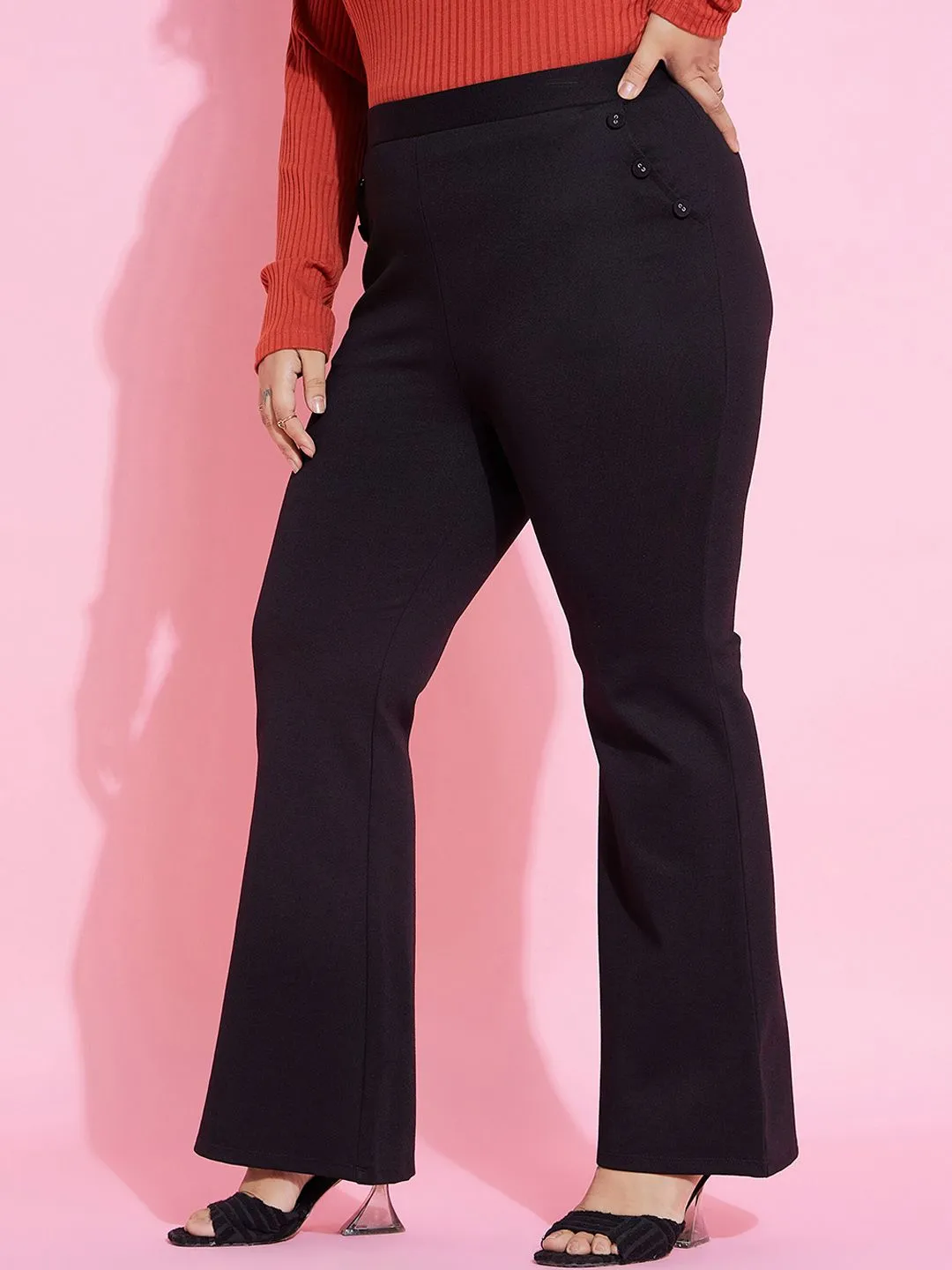 SASSAFRAS Curve Women Flared High-Rise Pocket Button Bell Bottom Trousers