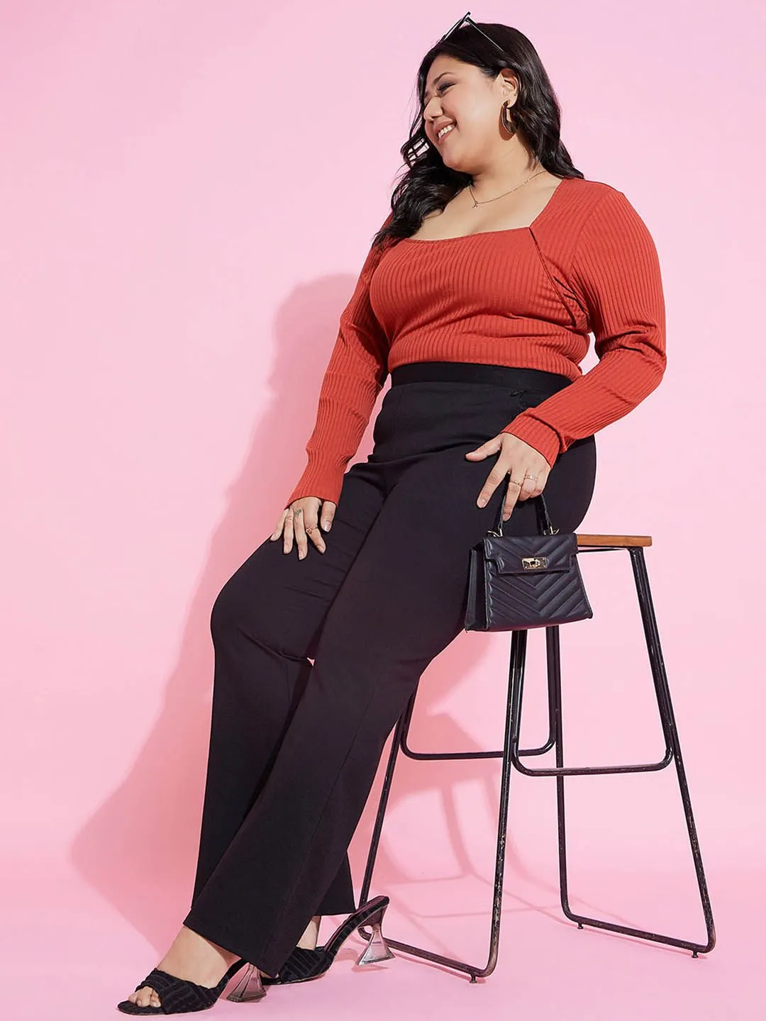SASSAFRAS Curve Women Flared High-Rise Pocket Button Bell Bottom Trousers