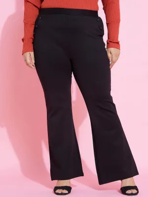 SASSAFRAS Curve Women Flared High-Rise Pocket Button Bell Bottom Trousers