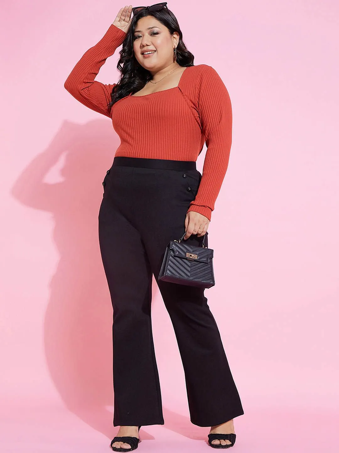 SASSAFRAS Curve Women Flared High-Rise Pocket Button Bell Bottom Trousers