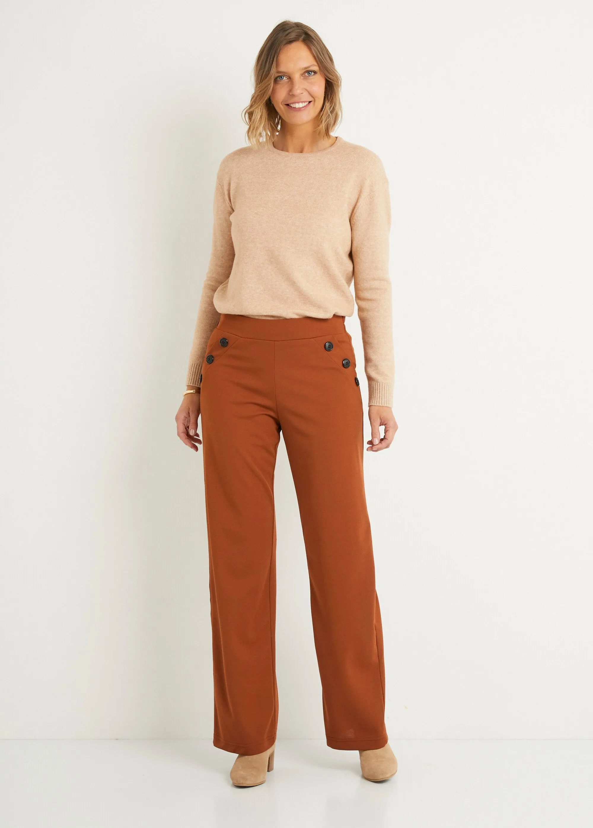 Semi-elasticated wide-leg pants, plain