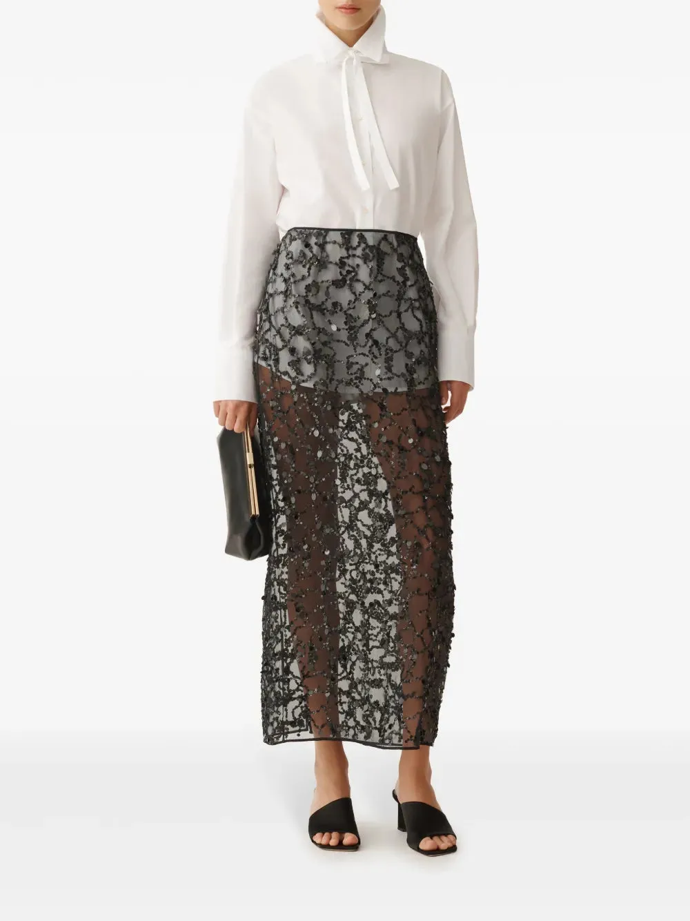 SEQUIN EMBROIDERED ORGANZA PENCIL SKIRT
