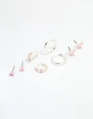 Silver Plated Brass Pink Cubic Zirconia Pave & Butterfly Stud Earrings 4-Pack