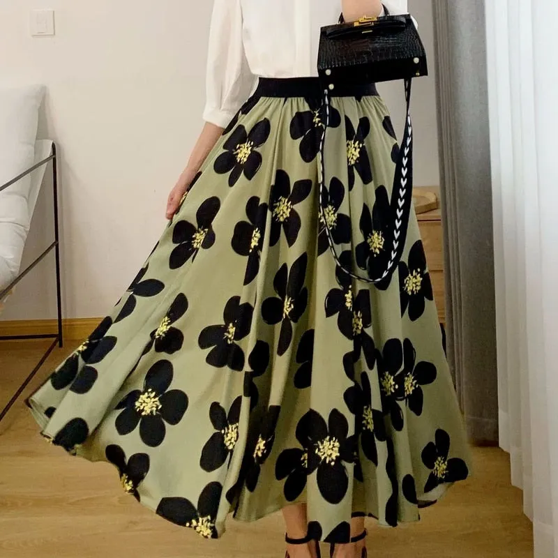 Skirts Women Summer Floral Elastic Waist  A-line Skirt