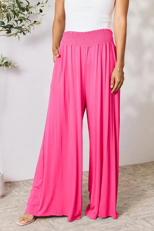Smocked Wide Waistband Wide Leg palazzo Pants 5 Colors