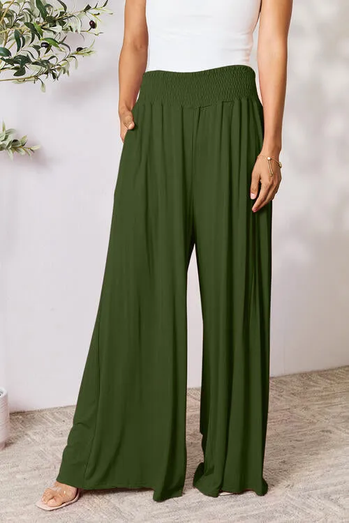 Smocked Wide Waistband Wide Leg palazzo Pants 5 Colors