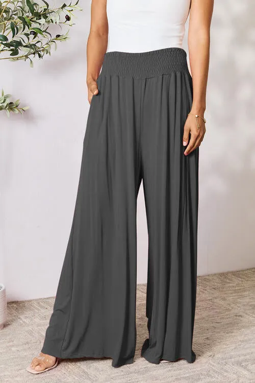 Smocked Wide Waistband Wide Leg palazzo Pants 5 Colors