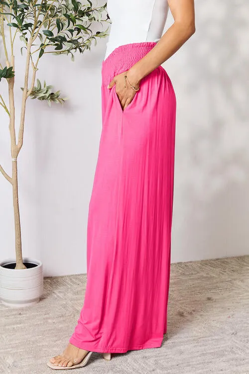 Smocked Wide Waistband Wide Leg palazzo Pants 5 Colors
