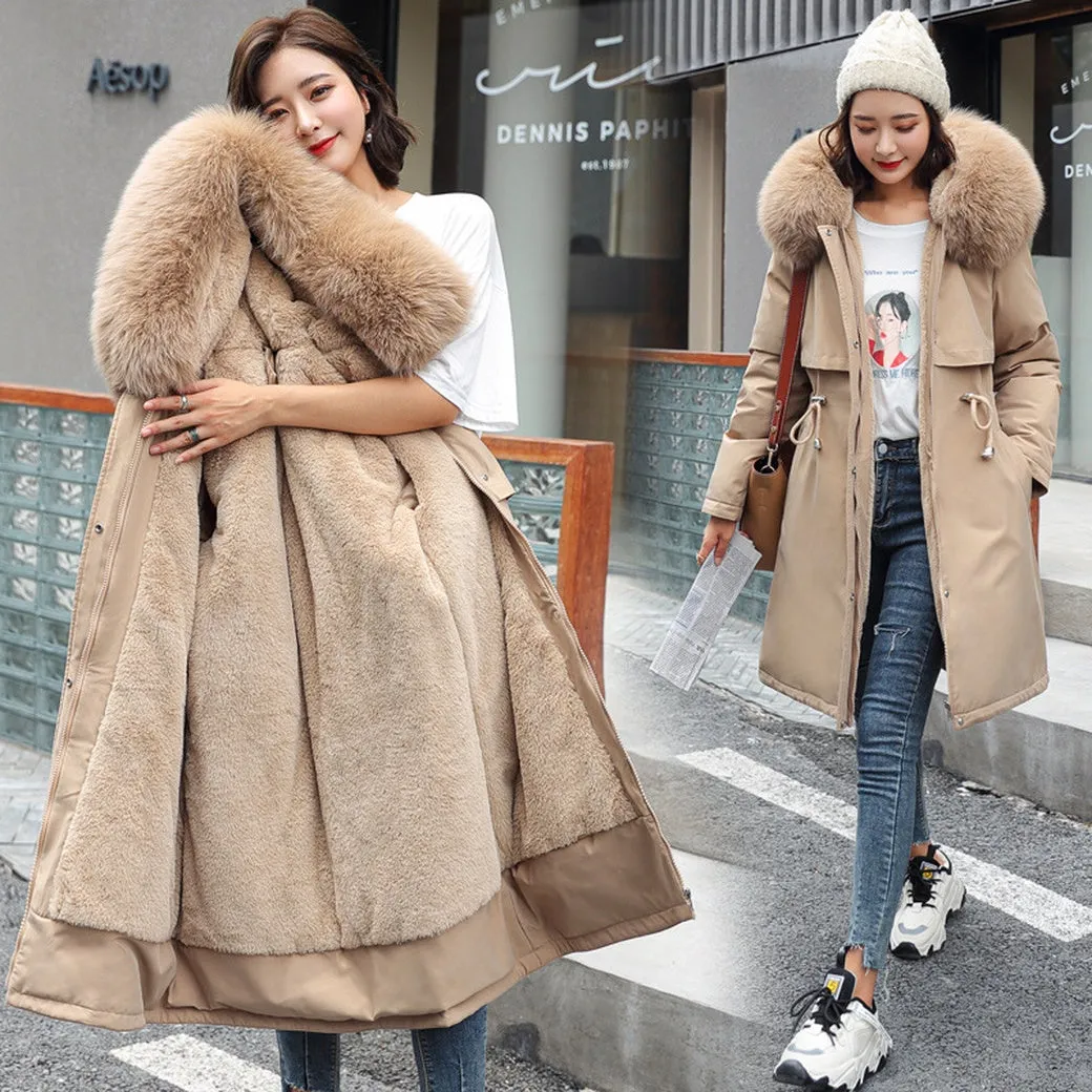 Solid Hip-length Water-resistant Parka for Women with Full Zip