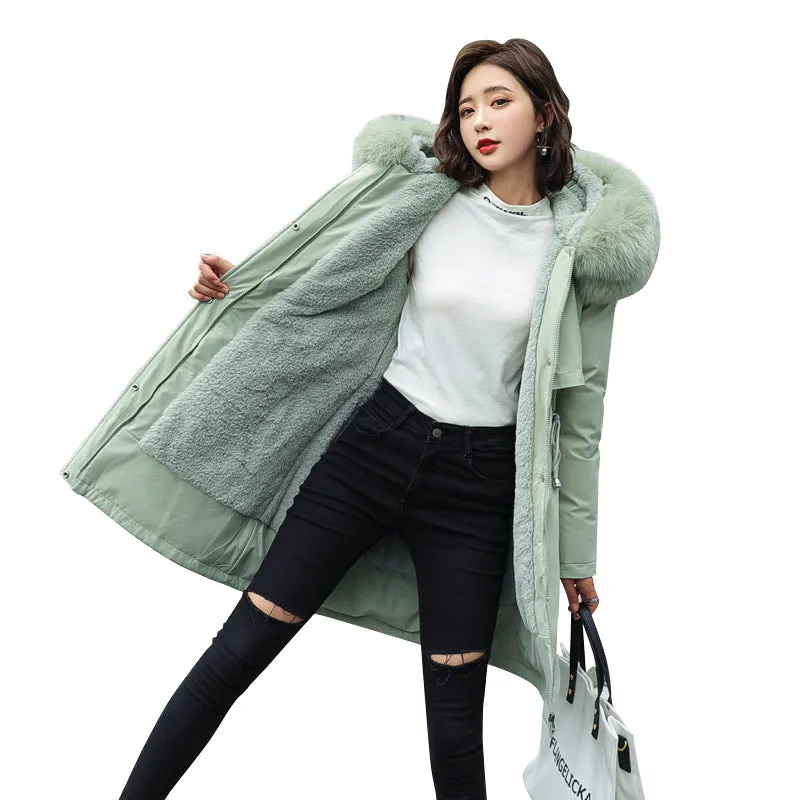 Solid Hip-length Water-resistant Parka for Women with Full Zip