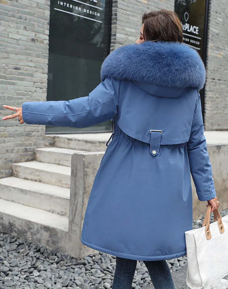 Solid Hip-length Water-resistant Parka for Women with Full Zip