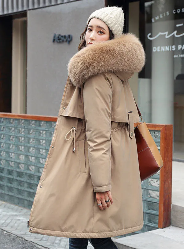 Solid Hip-length Water-resistant Parka for Women with Full Zip