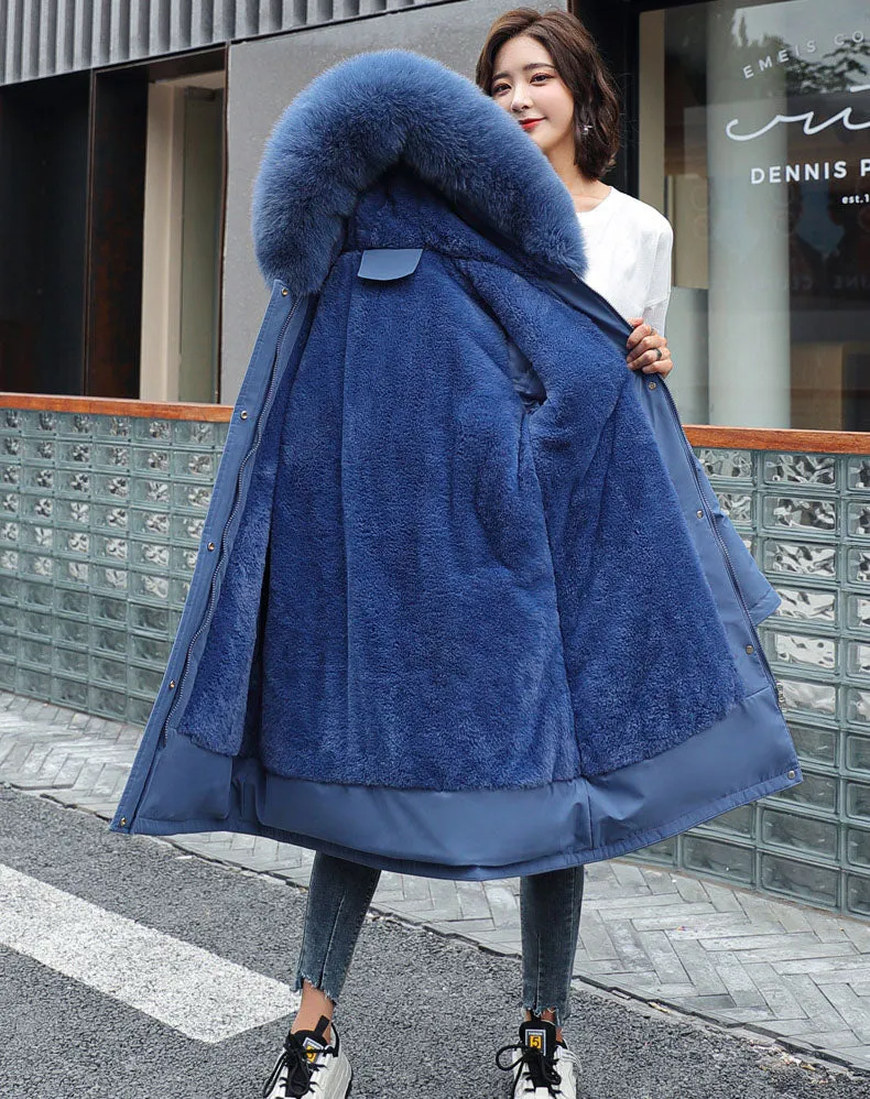 Solid Hip-length Water-resistant Parka for Women with Full Zip