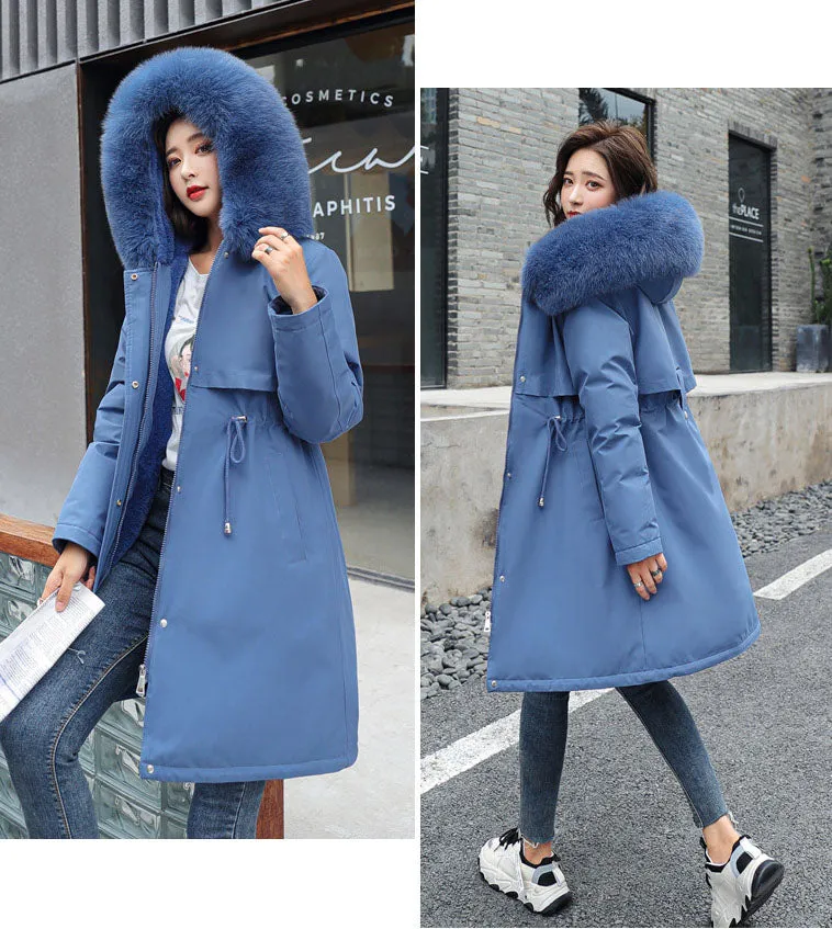 Solid Hip-length Water-resistant Parka for Women with Full Zip