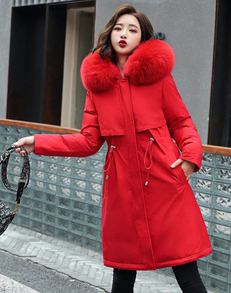 Solid Hip-length Water-resistant Parka for Women with Full Zip