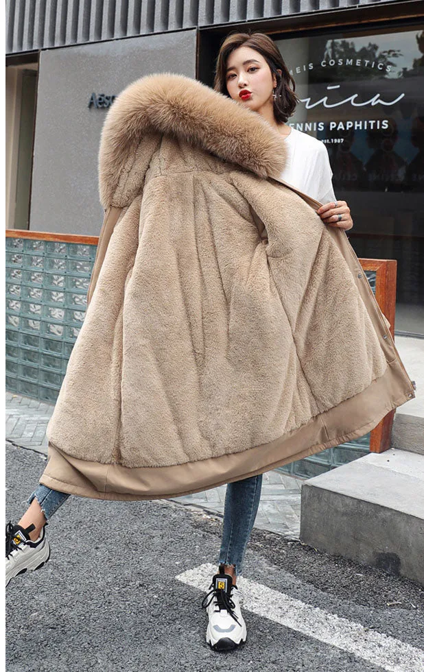 Solid Hip-length Water-resistant Parka for Women with Full Zip