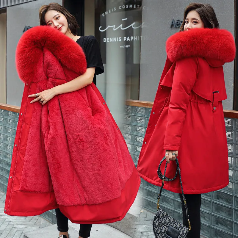 Solid Hip-length Water-resistant Parka for Women with Full Zip