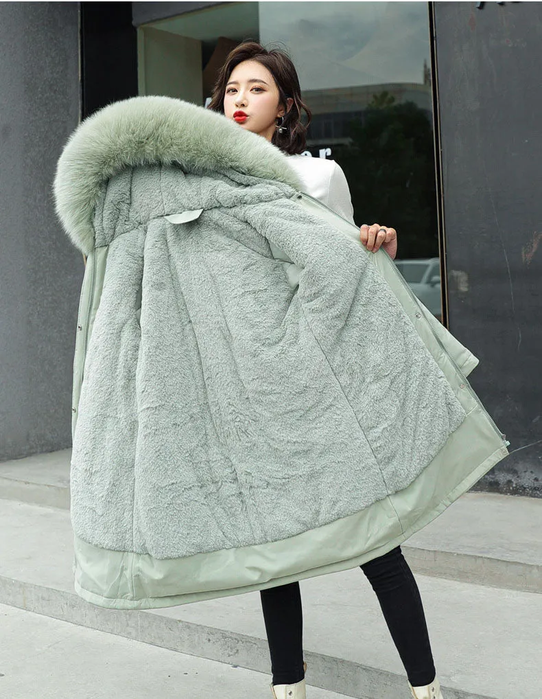 Solid Hip-length Water-resistant Parka for Women with Full Zip