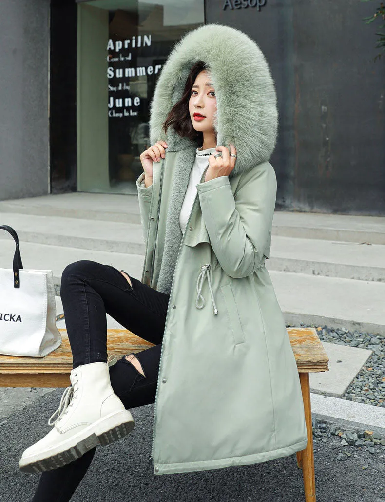 Solid Hip-length Water-resistant Parka for Women with Full Zip