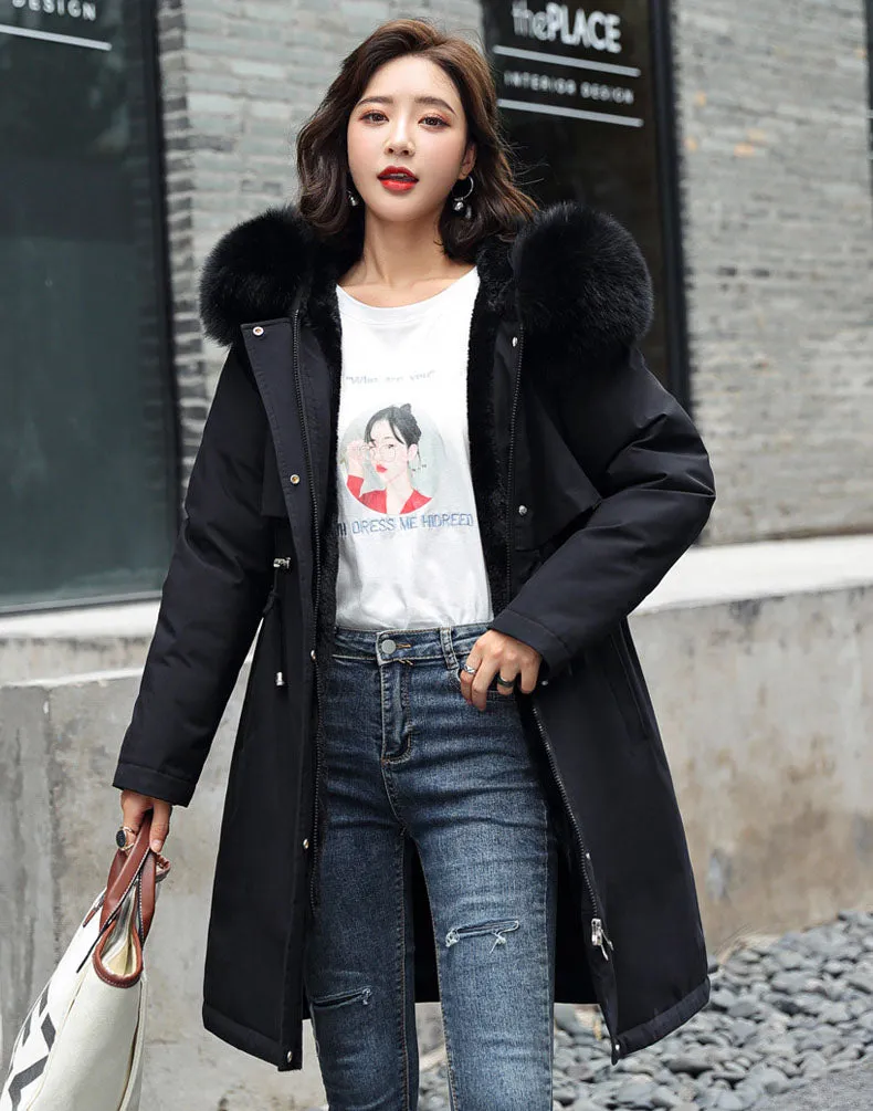 Solid Hip-length Water-resistant Parka for Women with Full Zip