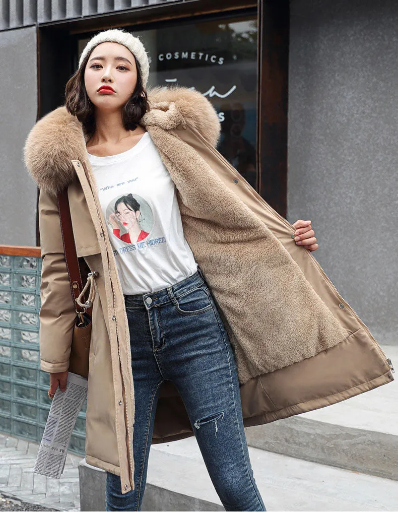 Solid Hip-length Water-resistant Parka for Women with Full Zip