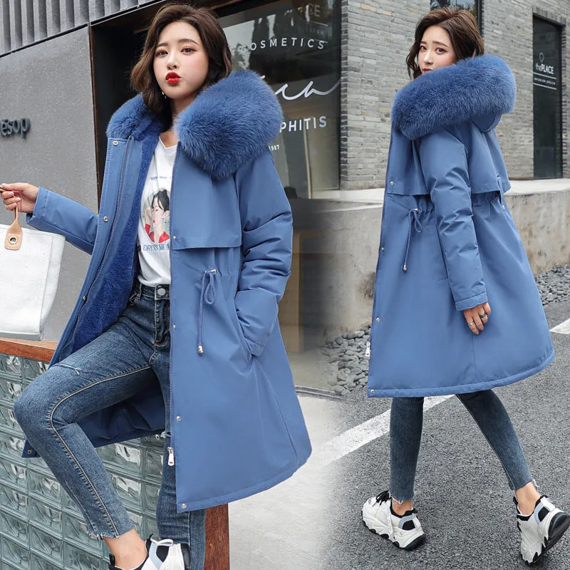 Solid Hip-length Water-resistant Parka for Women with Full Zip