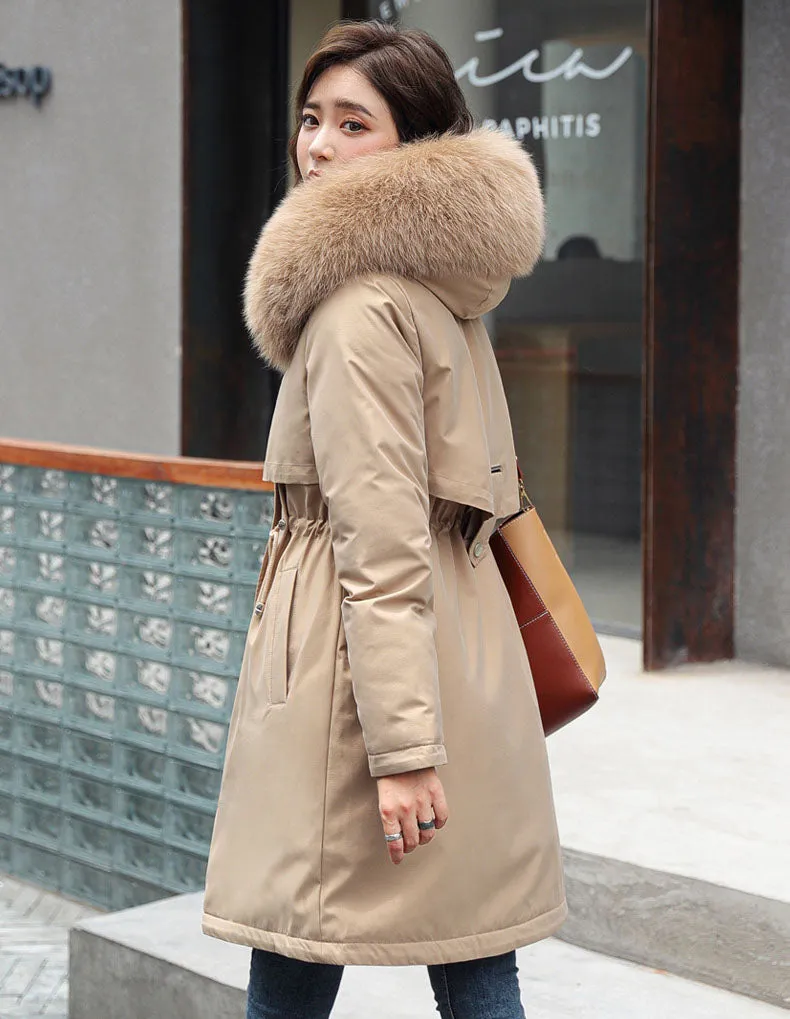 Solid Hip-length Water-resistant Parka for Women with Full Zip