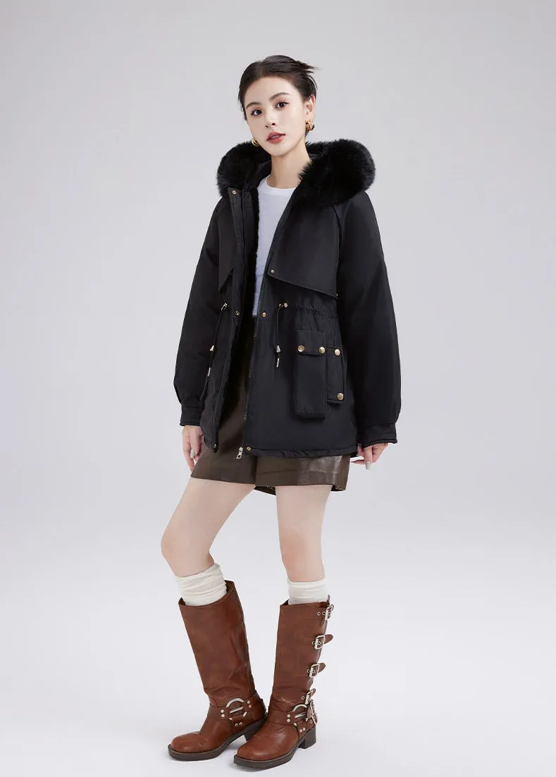 Solid Zip-up Parka with Stain-resistant Fabric and Slant Pockets