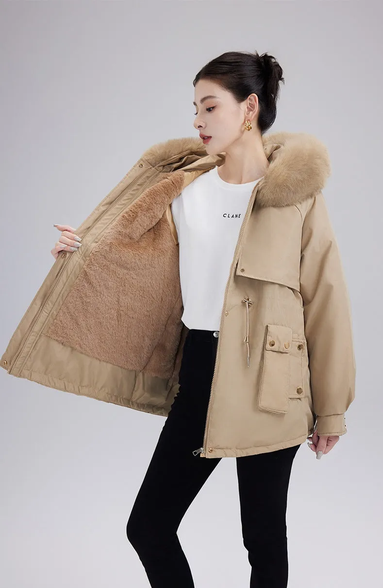 Solid Zip-up Parka with Stain-resistant Fabric and Slant Pockets