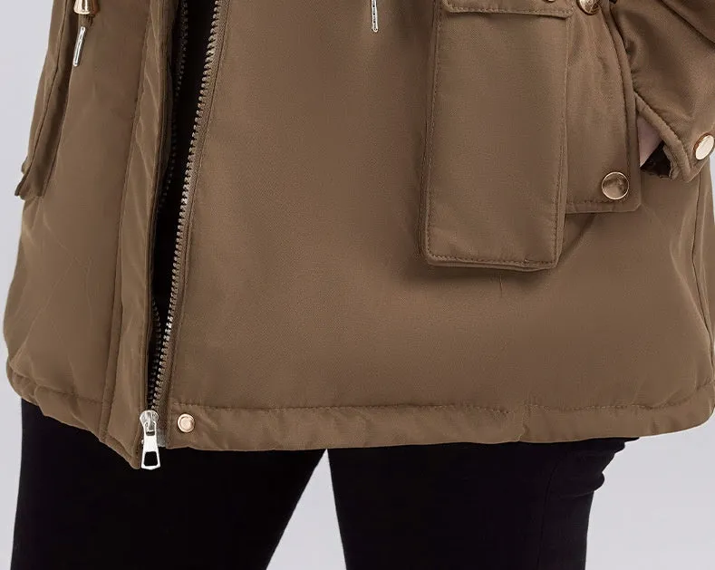 Solid Zip-up Parka with Stain-resistant Fabric and Slant Pockets