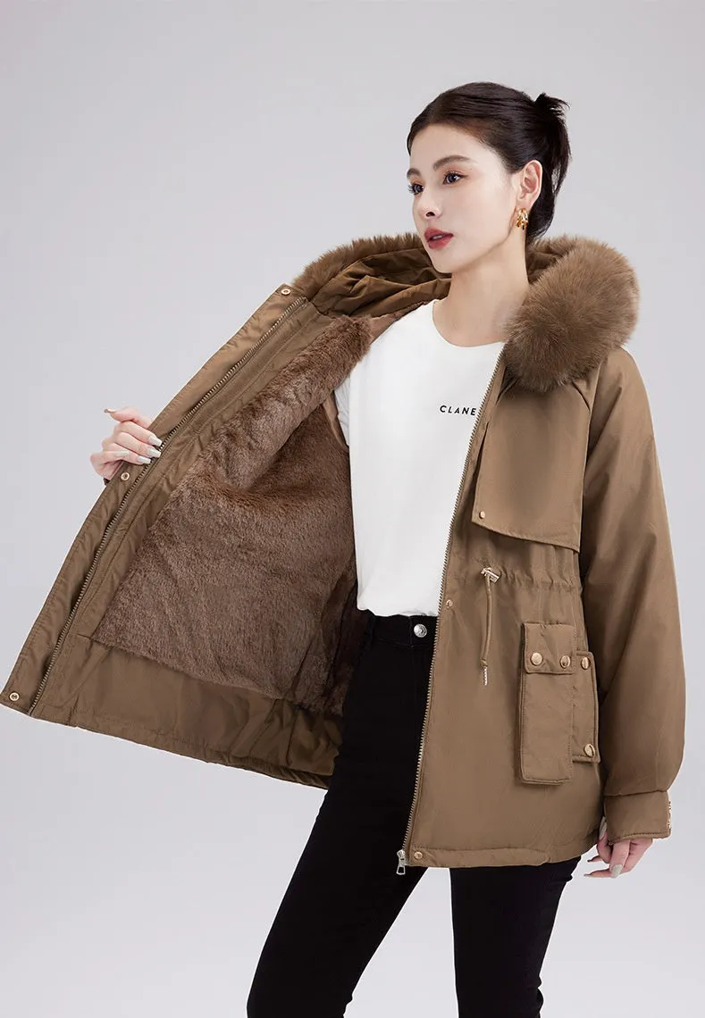 Solid Zip-up Parka with Stain-resistant Fabric and Slant Pockets