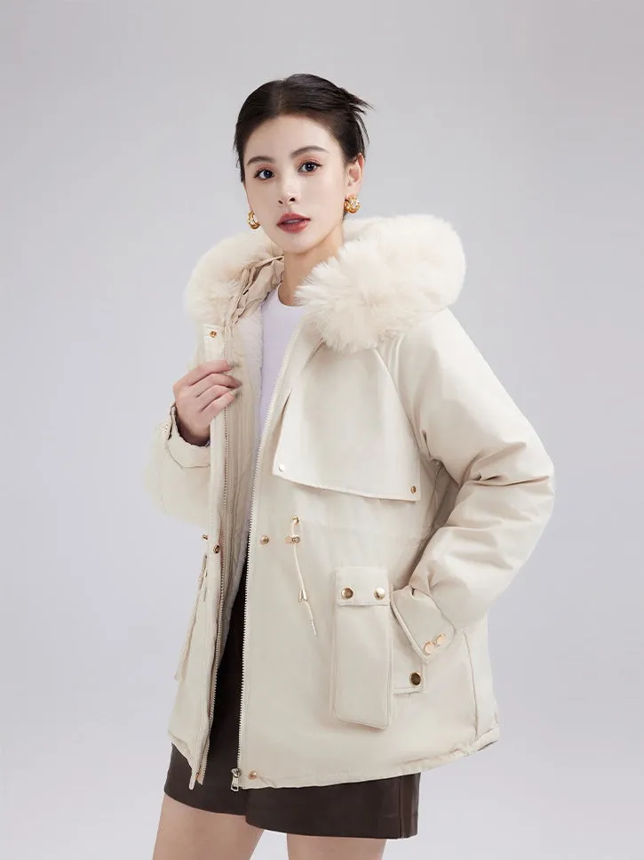 Solid Zip-up Parka with Stain-resistant Fabric and Slant Pockets
