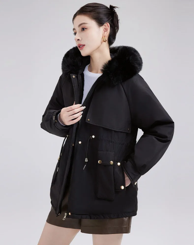 Solid Zip-up Parka with Stain-resistant Fabric and Slant Pockets