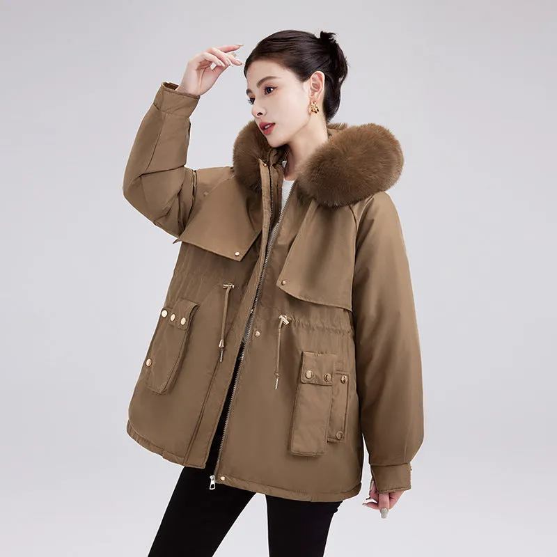 Solid Zip-up Parka with Stain-resistant Fabric and Slant Pockets