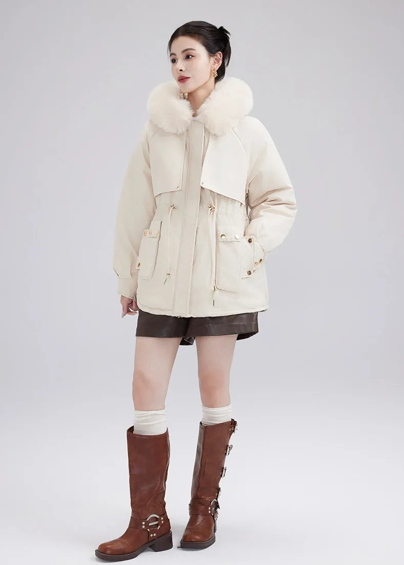 Solid Zip-up Parka with Stain-resistant Fabric and Slant Pockets