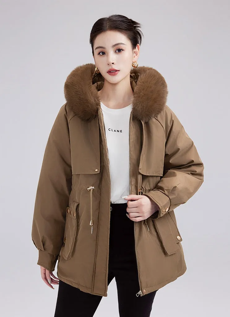 Solid Zip-up Parka with Stain-resistant Fabric and Slant Pockets