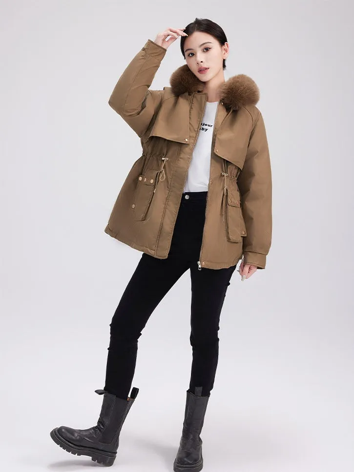 Solid Zip-up Parka with Stain-resistant Fabric and Slant Pockets