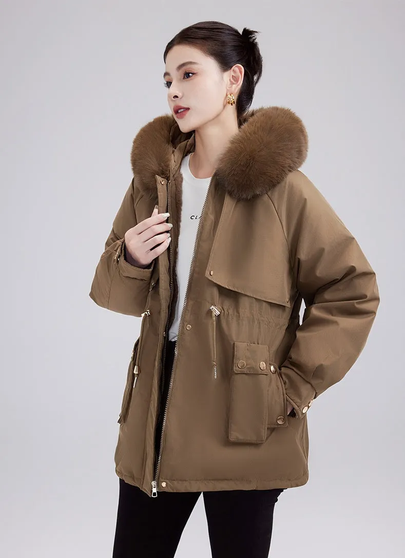 Solid Zip-up Parka with Stain-resistant Fabric and Slant Pockets