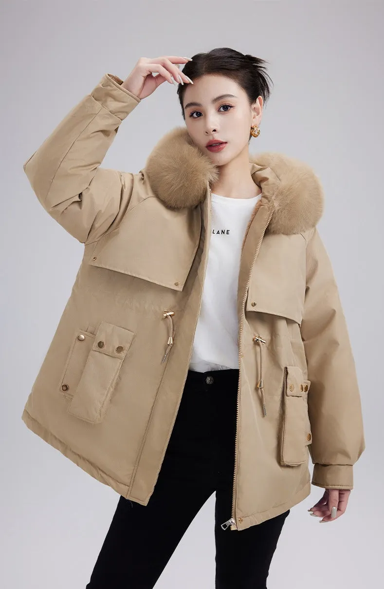 Solid Zip-up Parka with Stain-resistant Fabric and Slant Pockets