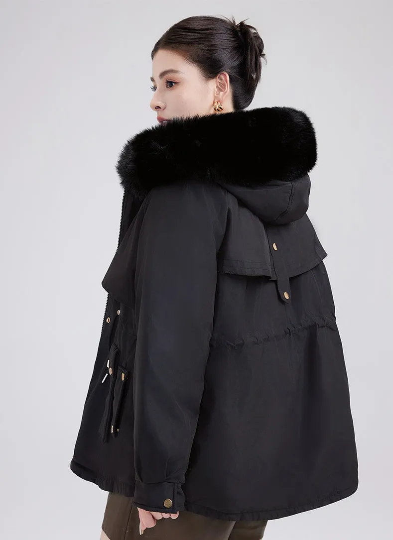Solid Zip-up Parka with Stain-resistant Fabric and Slant Pockets