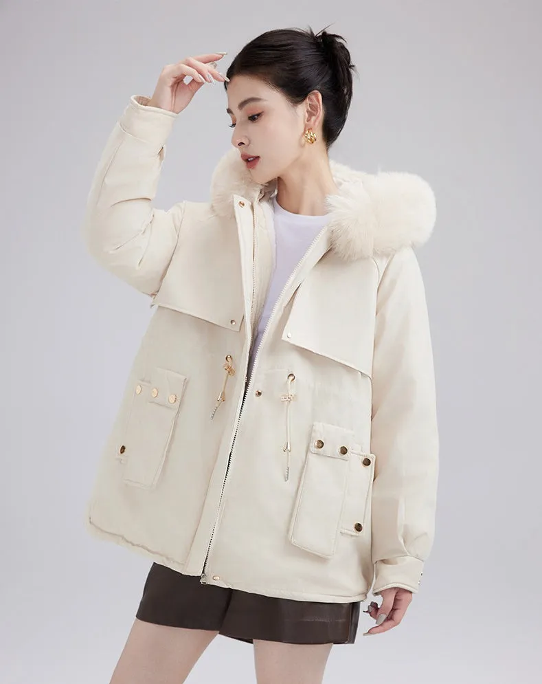 Solid Zip-up Parka with Stain-resistant Fabric and Slant Pockets
