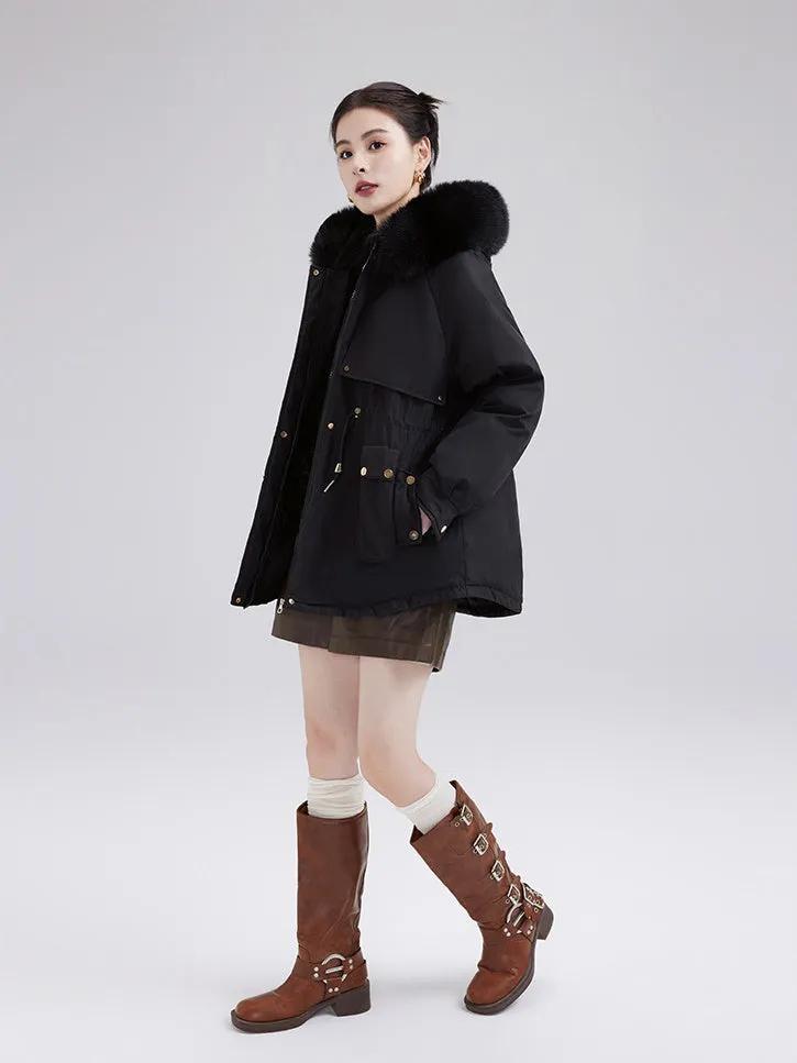 Solid Zip-up Parka with Stain-resistant Fabric and Slant Pockets
