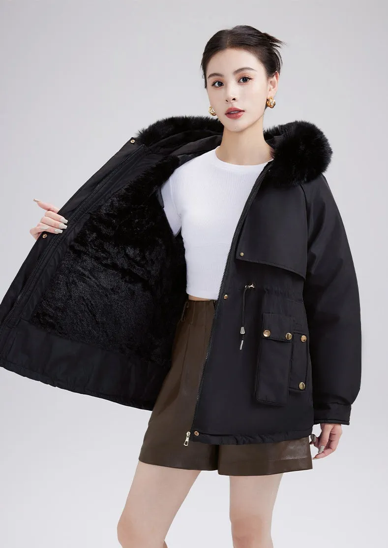 Solid Zip-up Parka with Stain-resistant Fabric and Slant Pockets