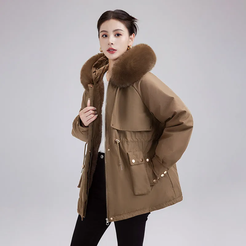 Solid Zip-up Parka with Stain-resistant Fabric and Slant Pockets