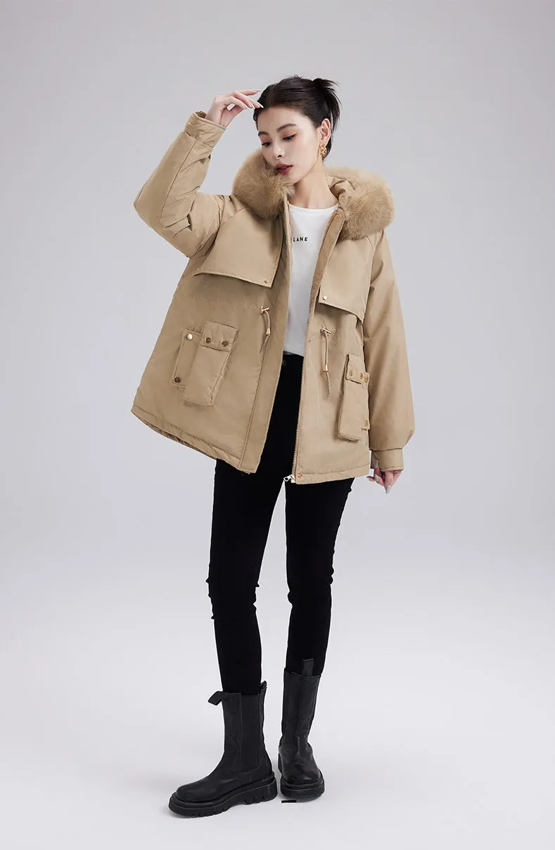 Solid Zip-up Parka with Stain-resistant Fabric and Slant Pockets