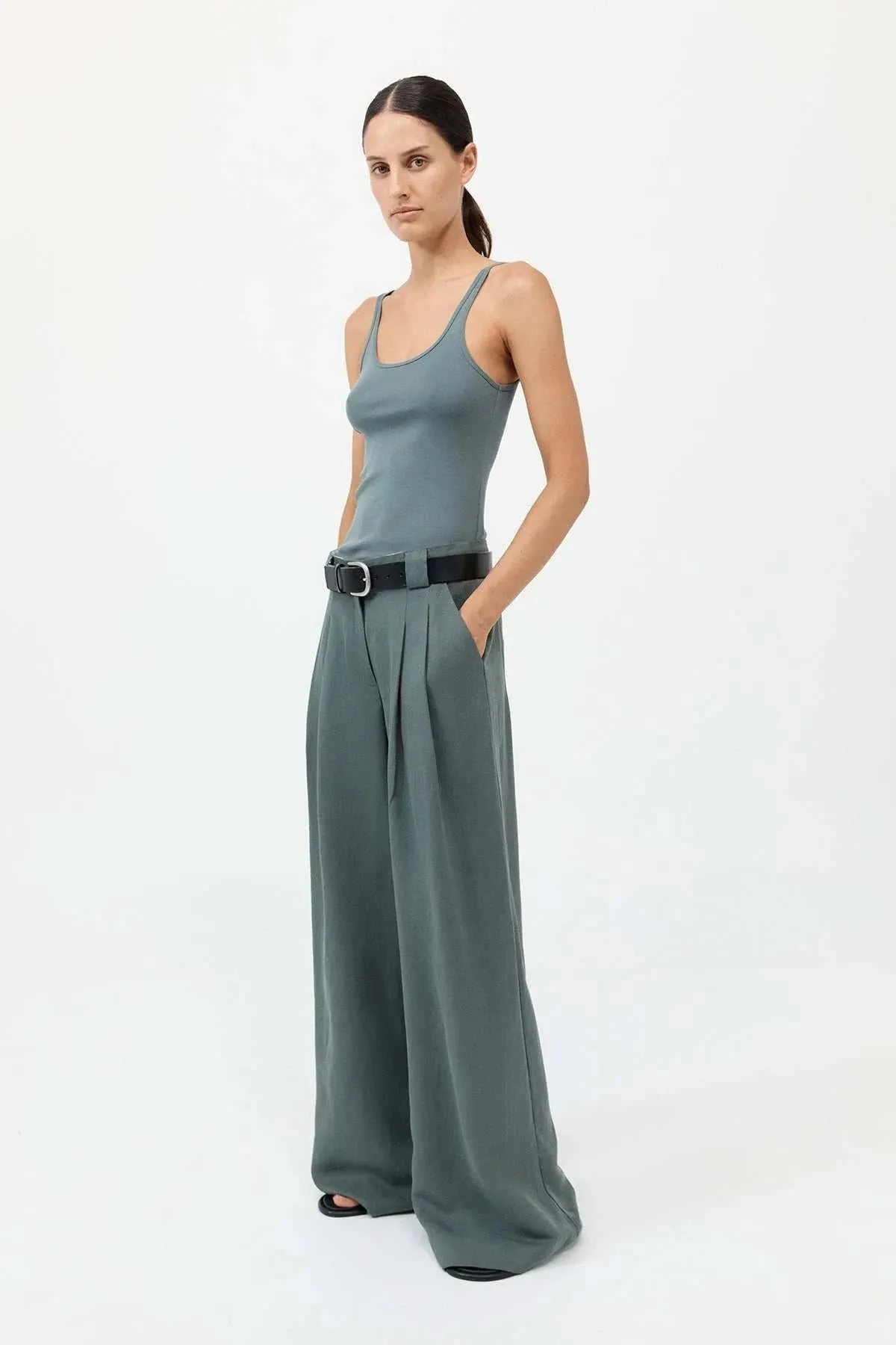 St Agni Wide Leg Pleat Pants Balsam Green